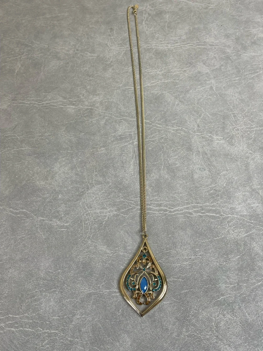 Charming Charlie Gold-Tone Teardrop Necklace with Blue and Amber Accents